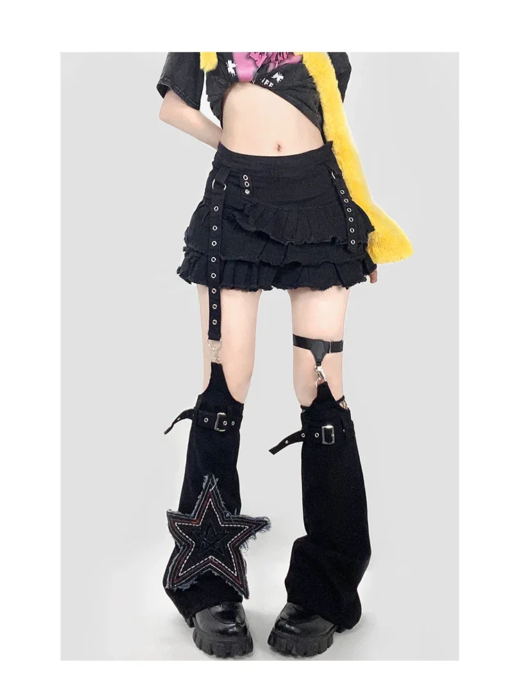 

Subculture punk hottie black denim skirt women's low waist design pleated skirt leg cover y2k suit {without leg rings}