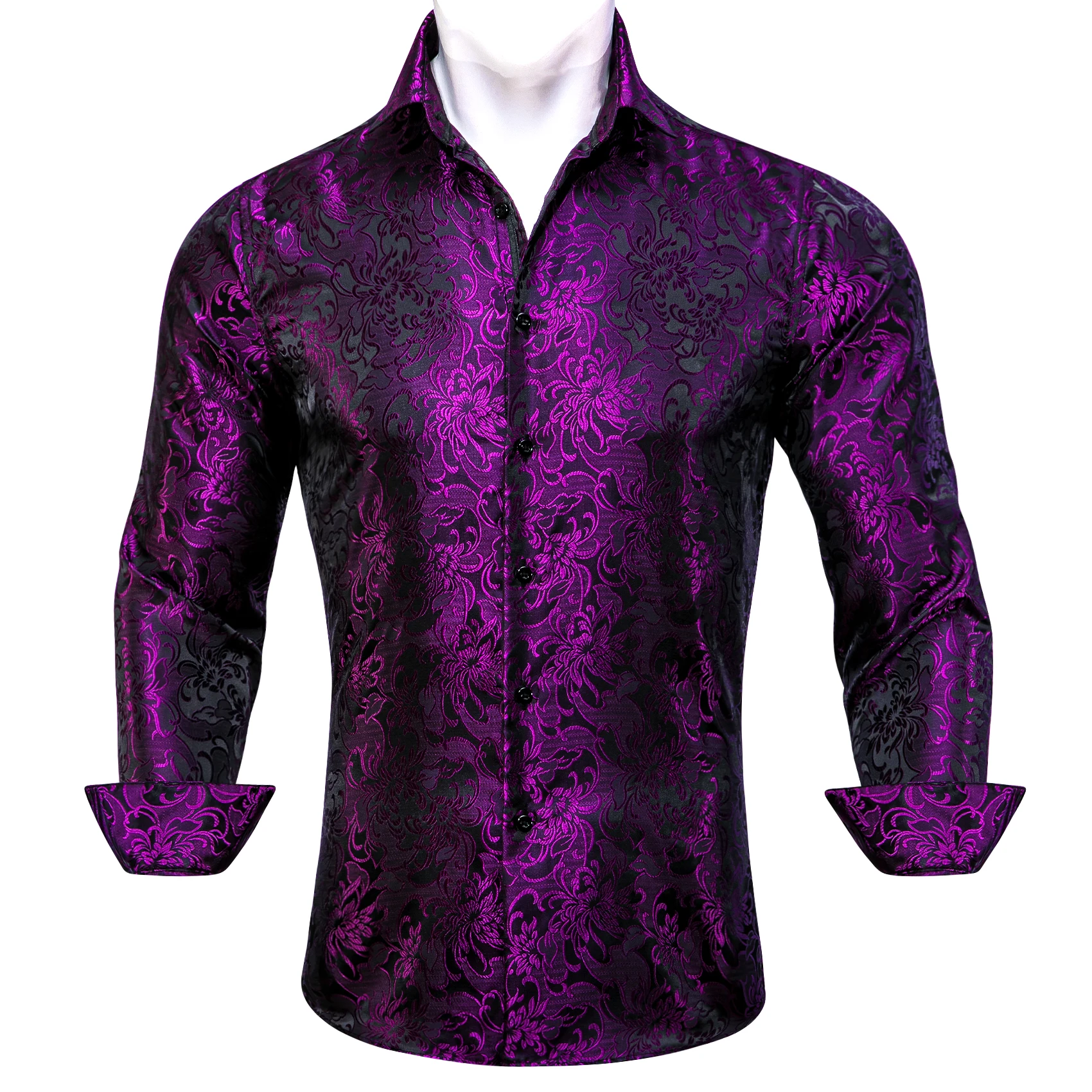 Luxury Shirts for Men Spring Silk Purple Black Long Sleeve Slim Casual Regular Embroidered  Men Dress Cloth Top Barry Wang