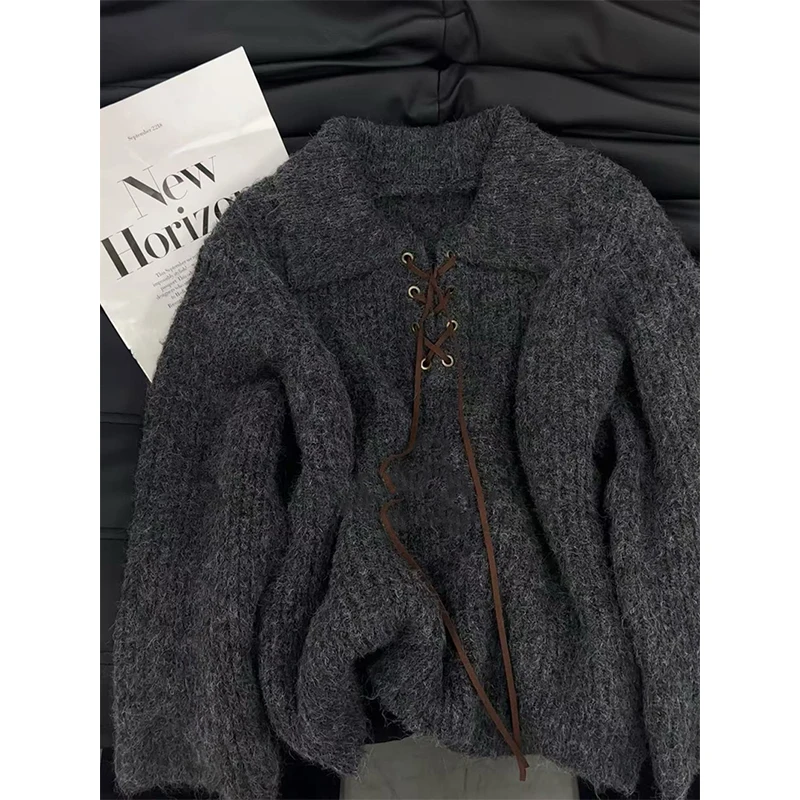 

Streetwear Korean Knitwears Winter Long Sleeve Casual Jumpers New Vintage Sweater Women Harajuku Lace Up Knitted Pullovers