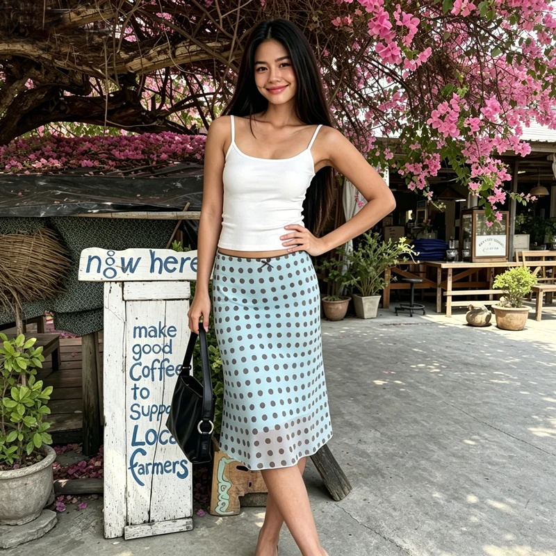 Women's Mesh Midi Bias Skirt With Picot Trim Detail Vintage Oil Painting Skirt