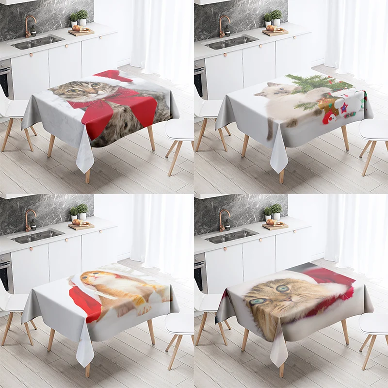 Christmas New Year Decoration Tablecloth Cute Cat  Banquet Kitchen Table  Home  Waterproof