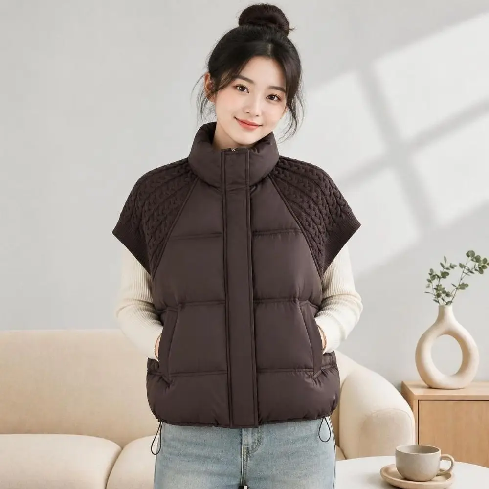 Fashion Stitching Design Knitted Vest Loose Fit Warm Lining Stand-up Collar Vest Cotton Vest Layering Outfit