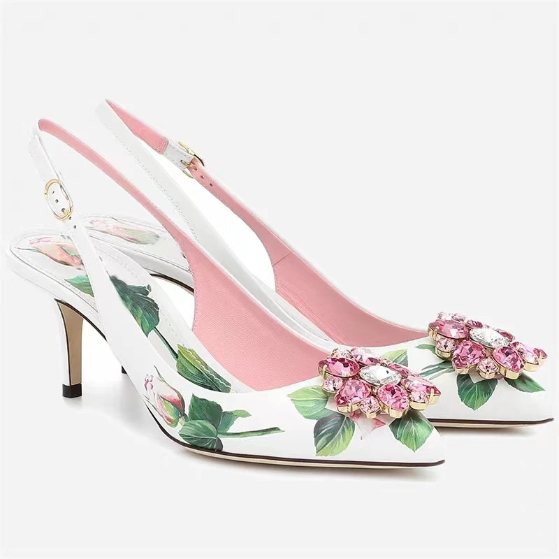 Pink Women 6cm High Heels Diamond Slingback Pumps Bling Rhinestone Floral Print Women Pumps Wedding Dress Pumps Zapatos Mujer