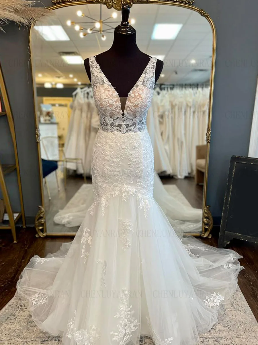 

V-Neck Mermaid Wedding Dresses Lace Applique Long Bride Dress Sweep Train Backless Sexy Dresses For Women 2025 Robe De Mariée