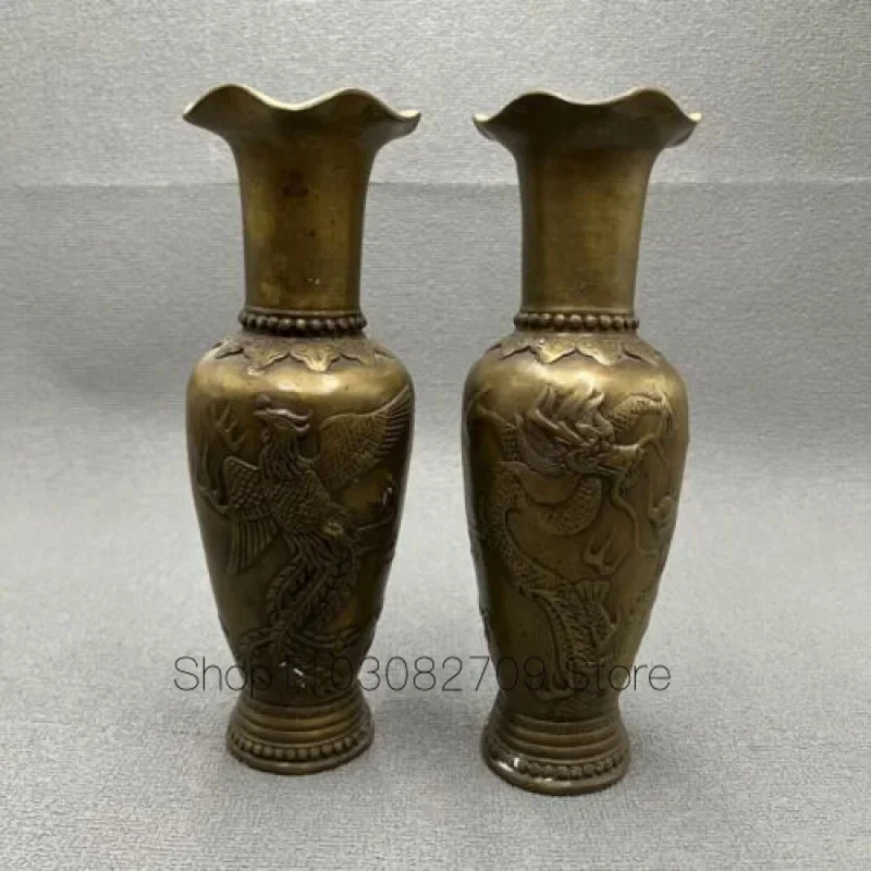 Apair of hollow antique pure copper dragon and phoenix Chengxiang vase ornaments