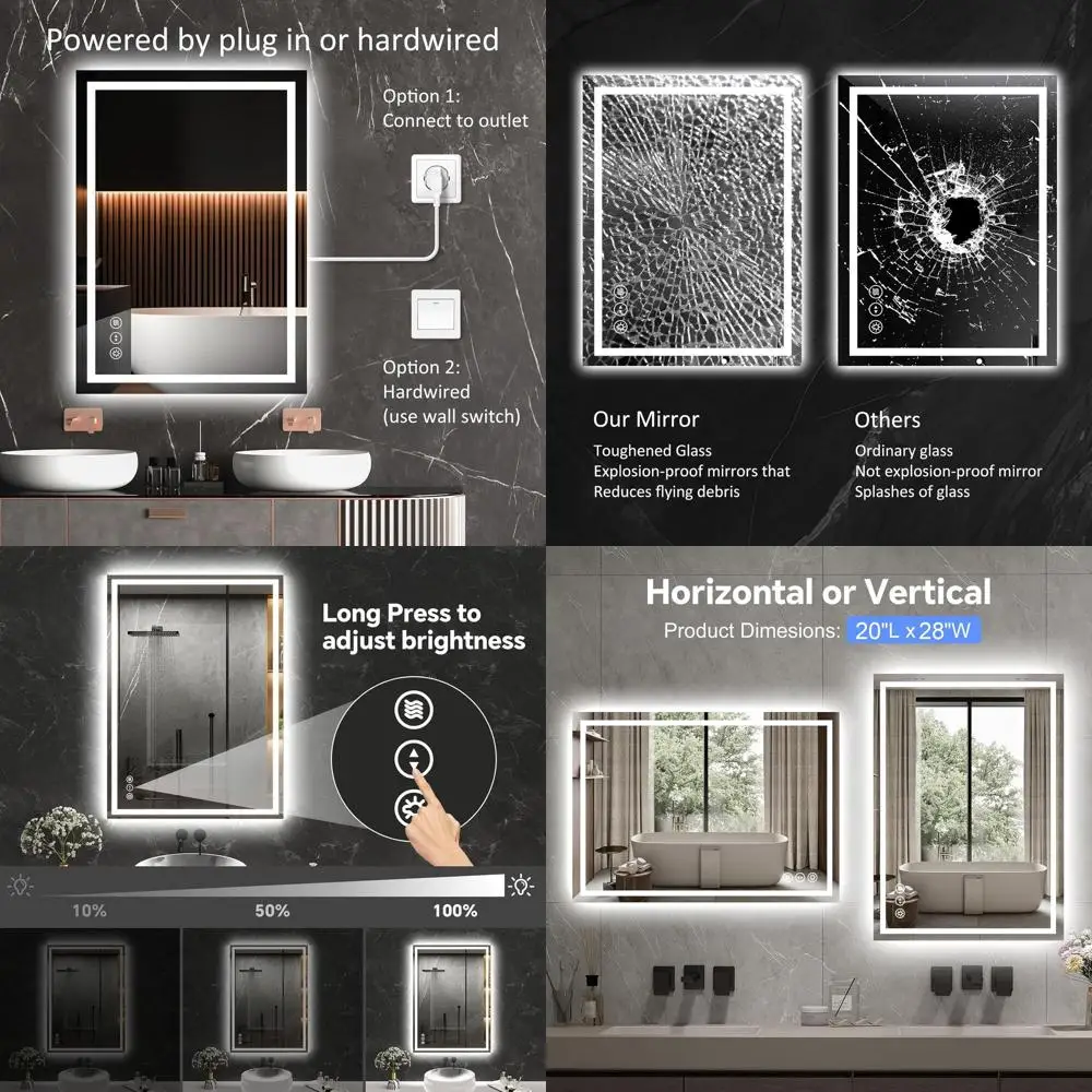 مرآة زينة مضاءة بإضاءة LED مقاس 20 × 28 بوصة، مضادة للضباب، قابلة للتعتيم، بإضاءة خلفية وإضاءة أمامية، مرآة حمام ذكية بثلاثة ألوان #1