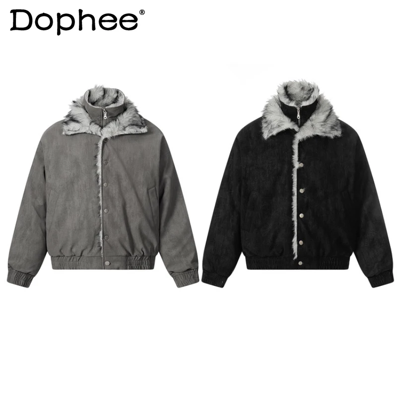 

Fashion Double-Layer Collar Padded Jackets Men Women 2025 Winter New Warm Parkas Stylish Long Sleeve Solid Color Handsome Coats