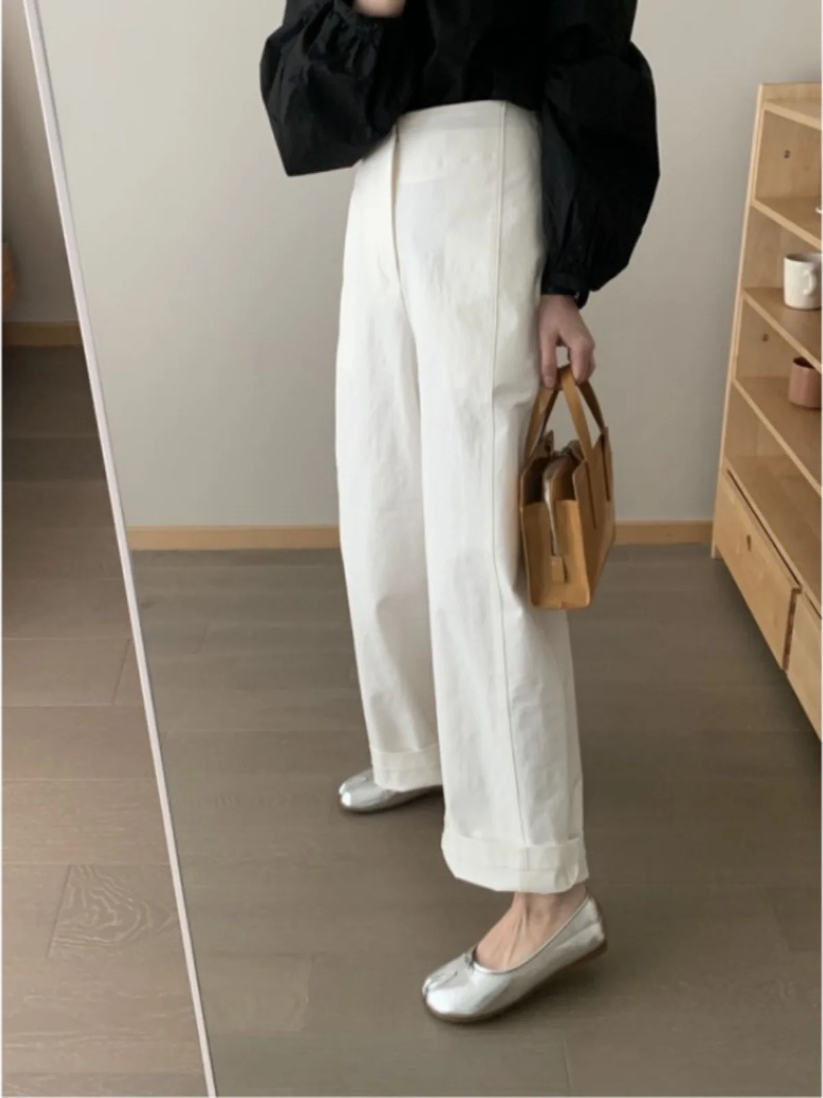 Calças brancas de perna reta larga fena primavera verão casual solto ajuste nove pontos calças de terno cintura alta esti...