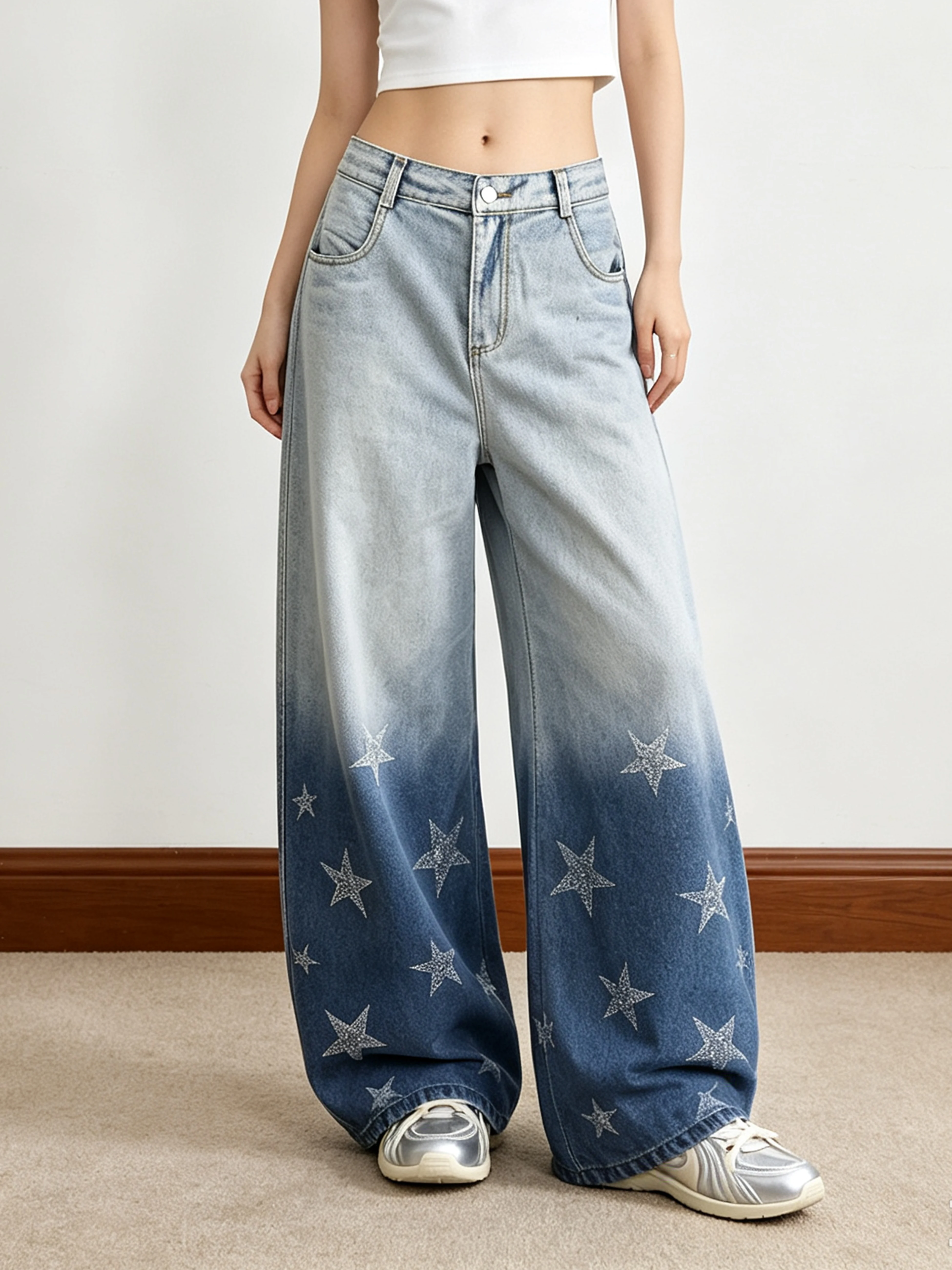 Small Ball American High Street Star Print Wide Leg Pants Women's Washed Gradient Design Loose Couple Denim Jeans