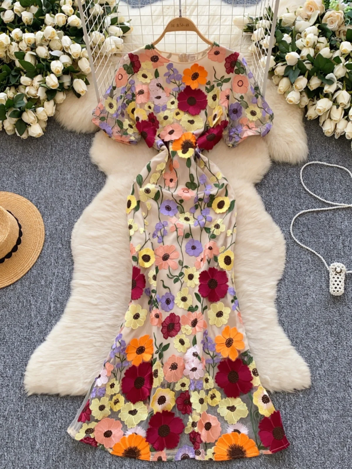 Luxury Lace Long Dresses Women Summer Holiday 3D Flower Embroidery Short Sleeve Mermaids Robe Evening Wedding Dress Female