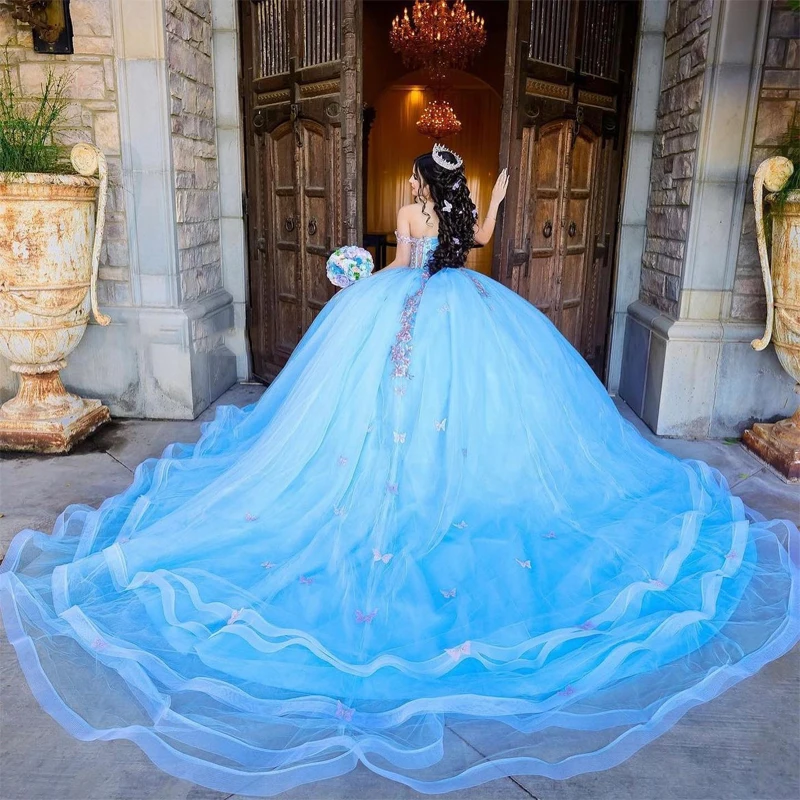 Shining Sky Blue Sweetheart Quinceanera Dresses 2023 3D Flowers Ball Gown Sweet 15 16 Dress Prom Party Dresses For Girls