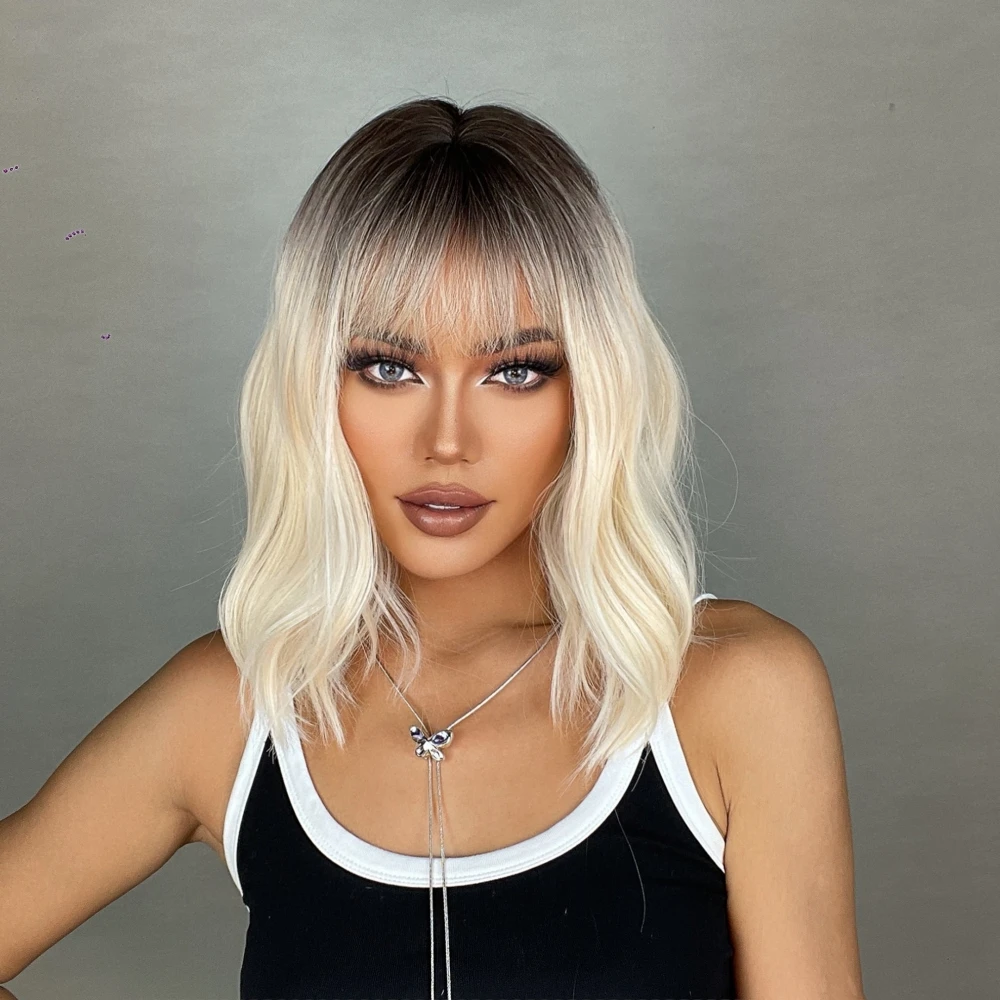 Short Bob Brown to Platinum Ombre Wavy Synthetic Hair Wigs with Bangs for White Women Heat Resistant Cosplay Use Wigs