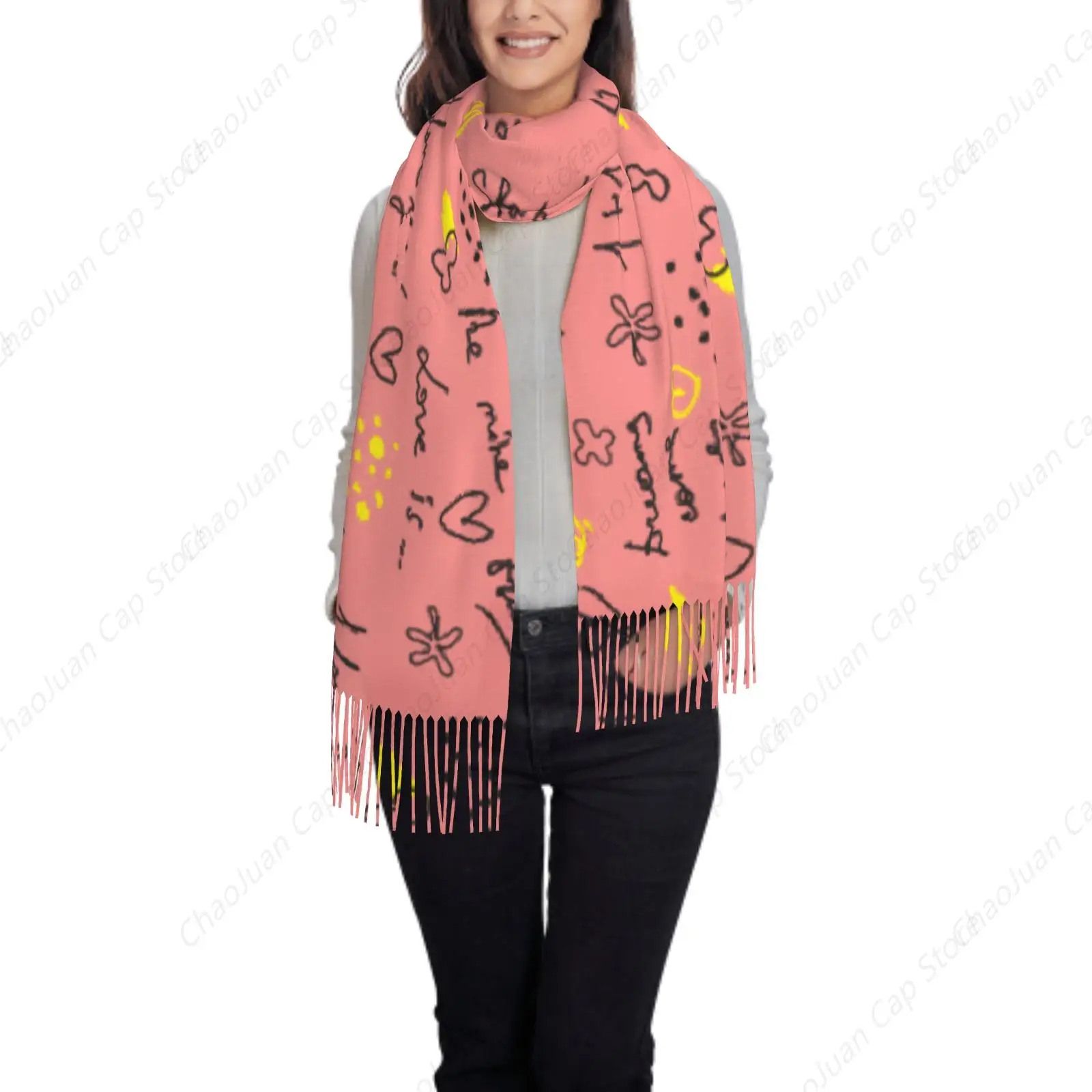 

Розовый кашемировый зимний шарф с принтом каракулей, модное мягкое теплое женское одеяло, шаль