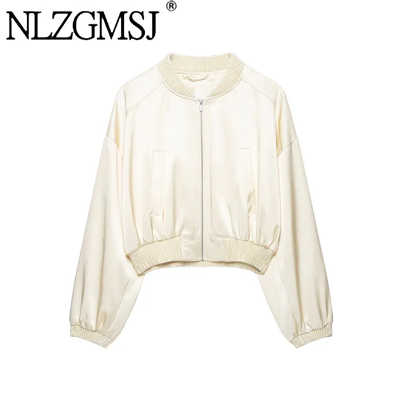 NLZGMSJ 2026 Autumn Women Elegant Satin Cropped Bomber Jacket O-Collar Pocket Raglan Sleeve Casual Short Outerwear