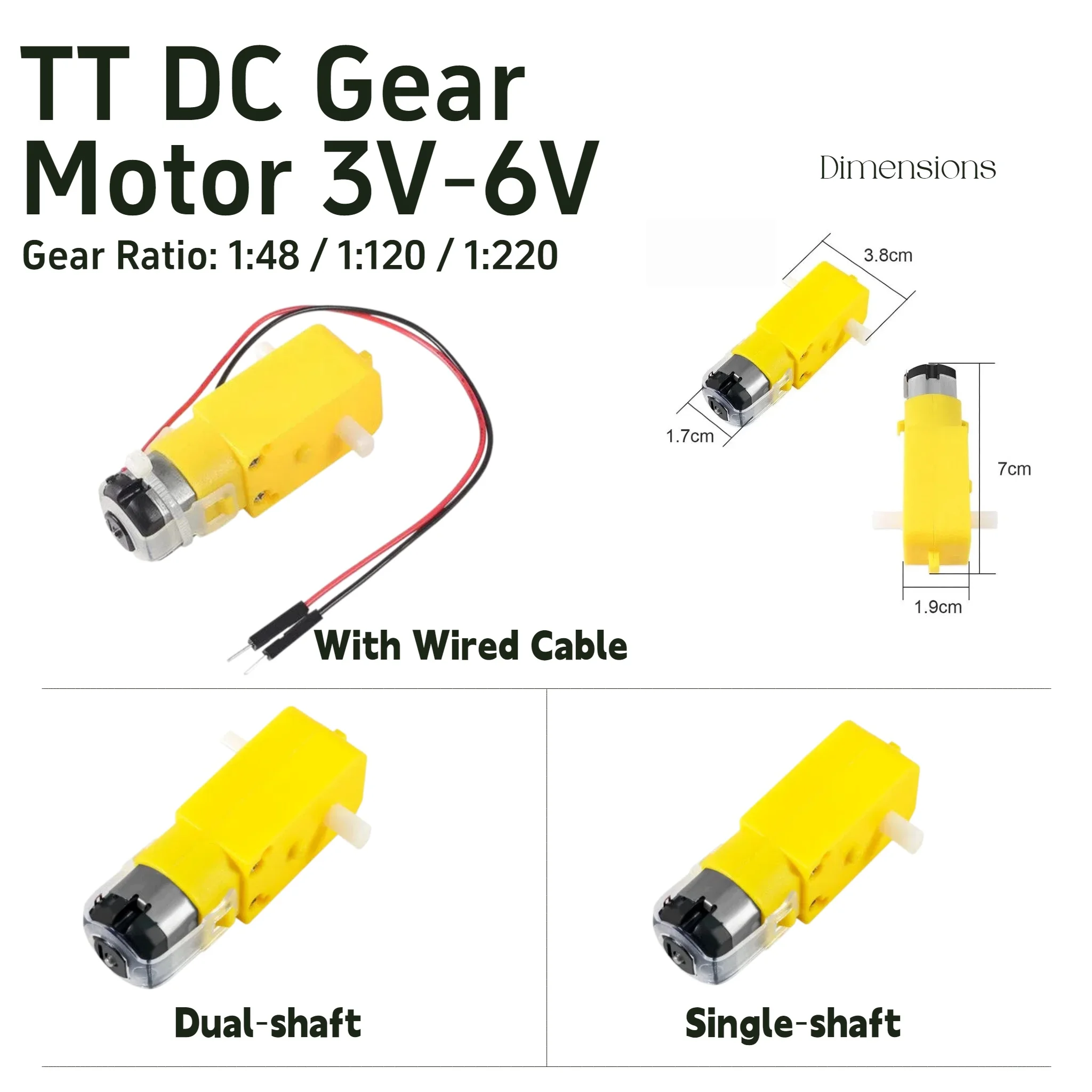 5pcs TT DC Gear Motor 3V‑6V Single/Dual Shaft Reduction Motor Anti‑Interference For Smart Robot Car Chassis