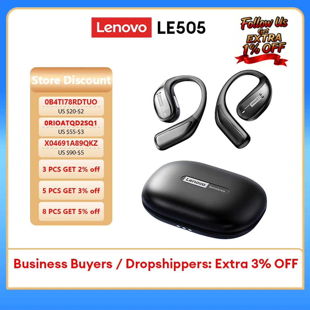 Lenovo LE505 auriculares inalámbricos Bluetooth con Clip de oreja abierta a nivel Hall estéreo Hi-Fi bajo música juego deporte auriculares batería larga