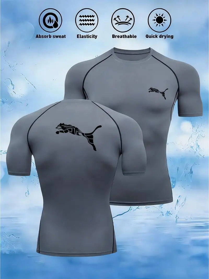 Men's Flying Fox Print Bodybuilding Sports Compression Shirt Summer O-Neck T Gym Fitness Quick Dry Running for man
