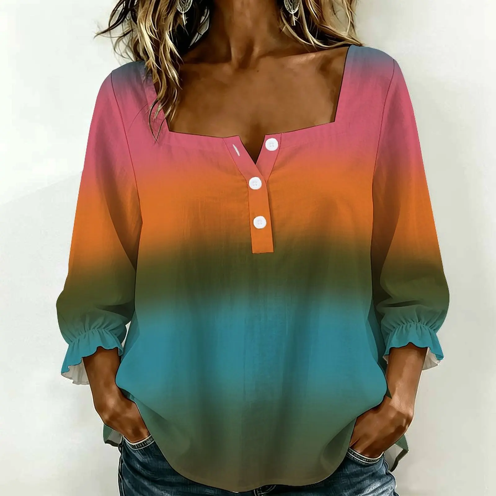 Women Square Neck Blouse 3/4 Ruffle Sleeve Tops Zigzag Stripe Print Henley Shirts Loose Casual Daily Wear Blouse