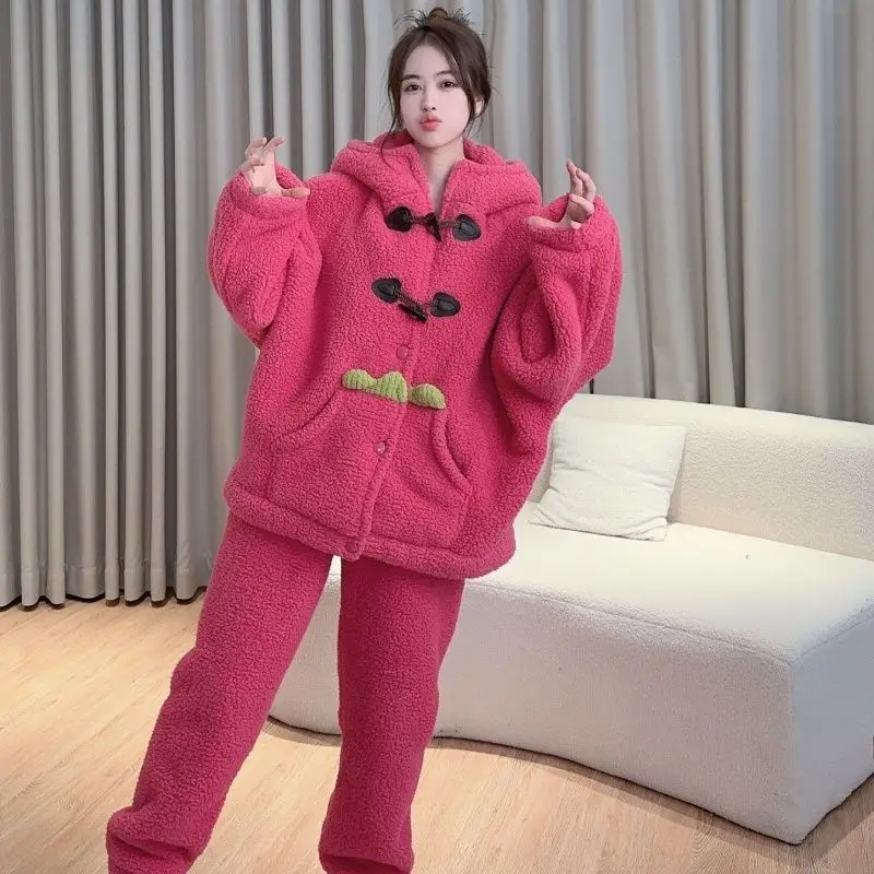 Homewear Hooded Soft Fleece Thickened Bat Sleeves Warm Winter Pajamas Loose Medium and Long Winter Suit Can Be Worn Out Side