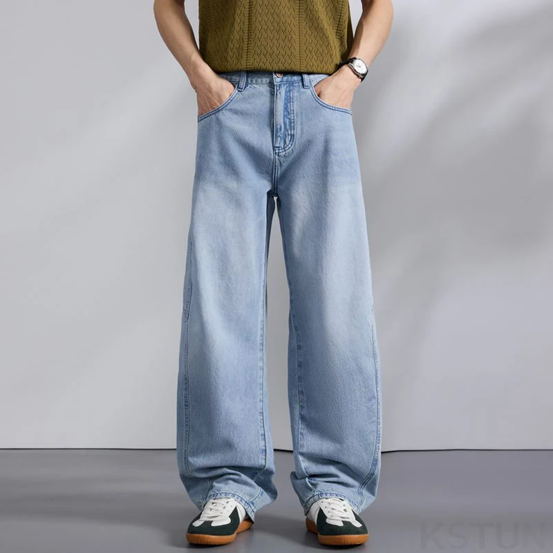 KSTUN 2026 Summer Wide Leg Jeans Men Loose Straight Baggy Pants Light Blue Patchwork Streetwear Lyocell Fabric Man Long Trousers