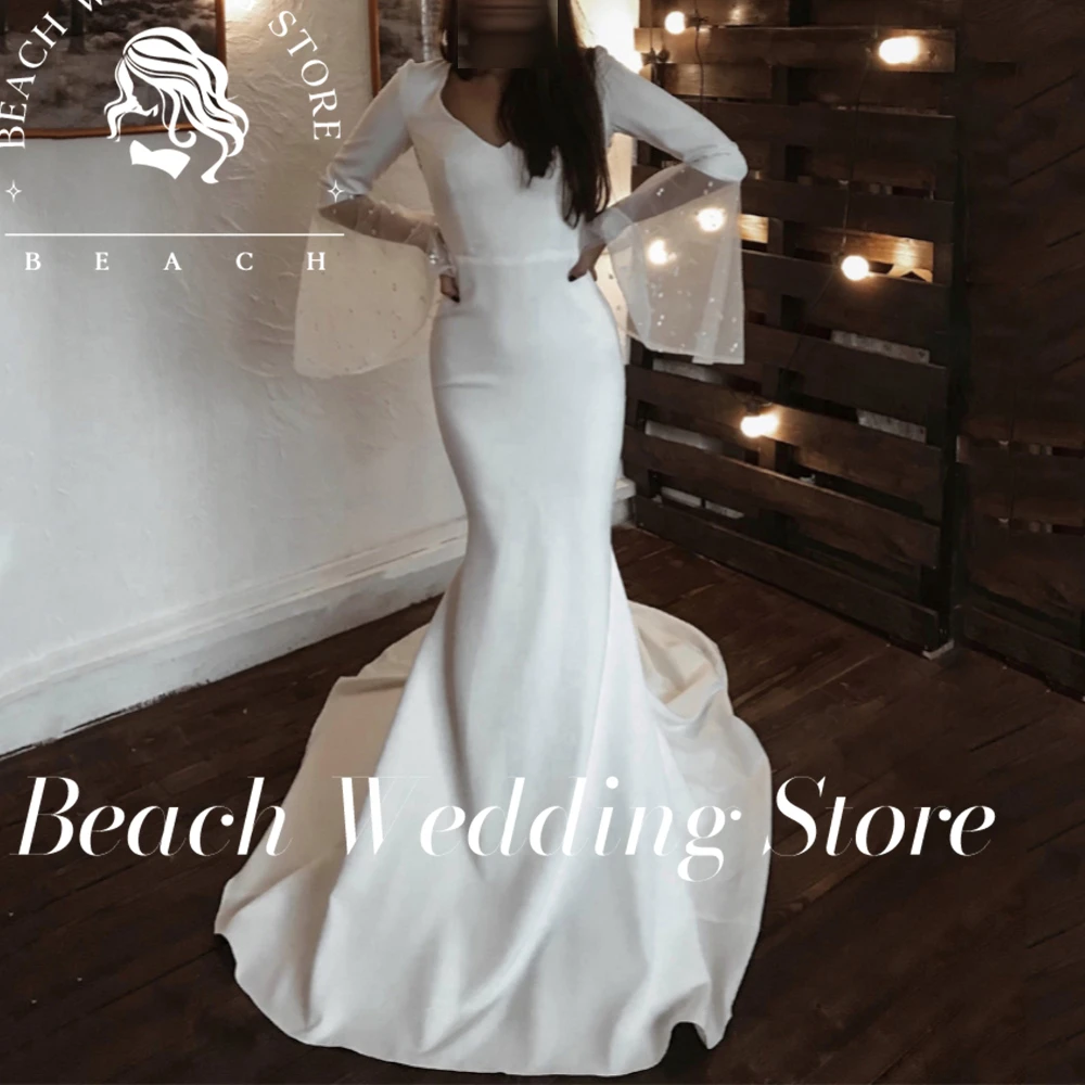 

Beach Customized Elegant Long Flare Sleeves V Neck Wedding Dress For Women Simple Backless Mermaid Train Bridal Robe De Mariee