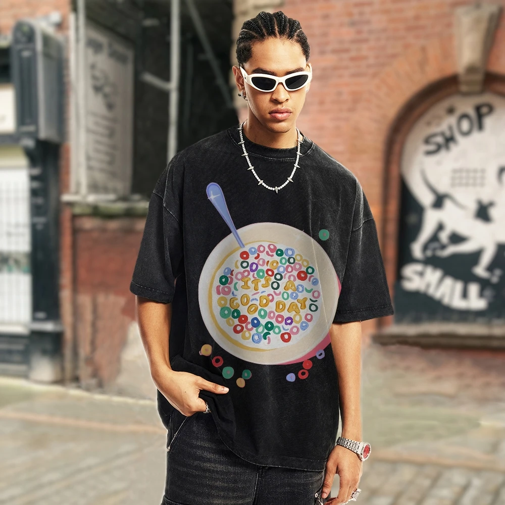 トレンディなヴィンテージユニセックスグラフィック Tシャツシリアルボウル Tシャツプレミアムコットン高品質オーバーサイズウォッシュ Tシャツカラフルな Y2K スタイル