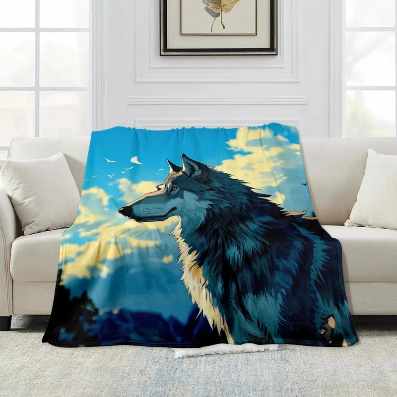

UJF03Cozy Cartoon Style Blanket Featuring Grey Wolves In The Forest Under The Sky Perfect For Kids And Loved Ones5Ln&