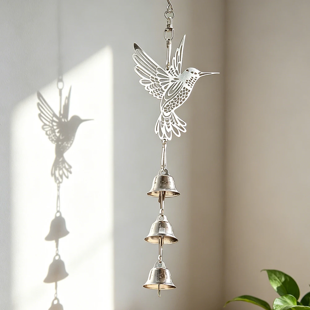 Metal Hummingbird Wind Chime Hanging Ornament with Triple Bells Window Garden Decor DIY Sun Catcher Home Boho Celestial Gift