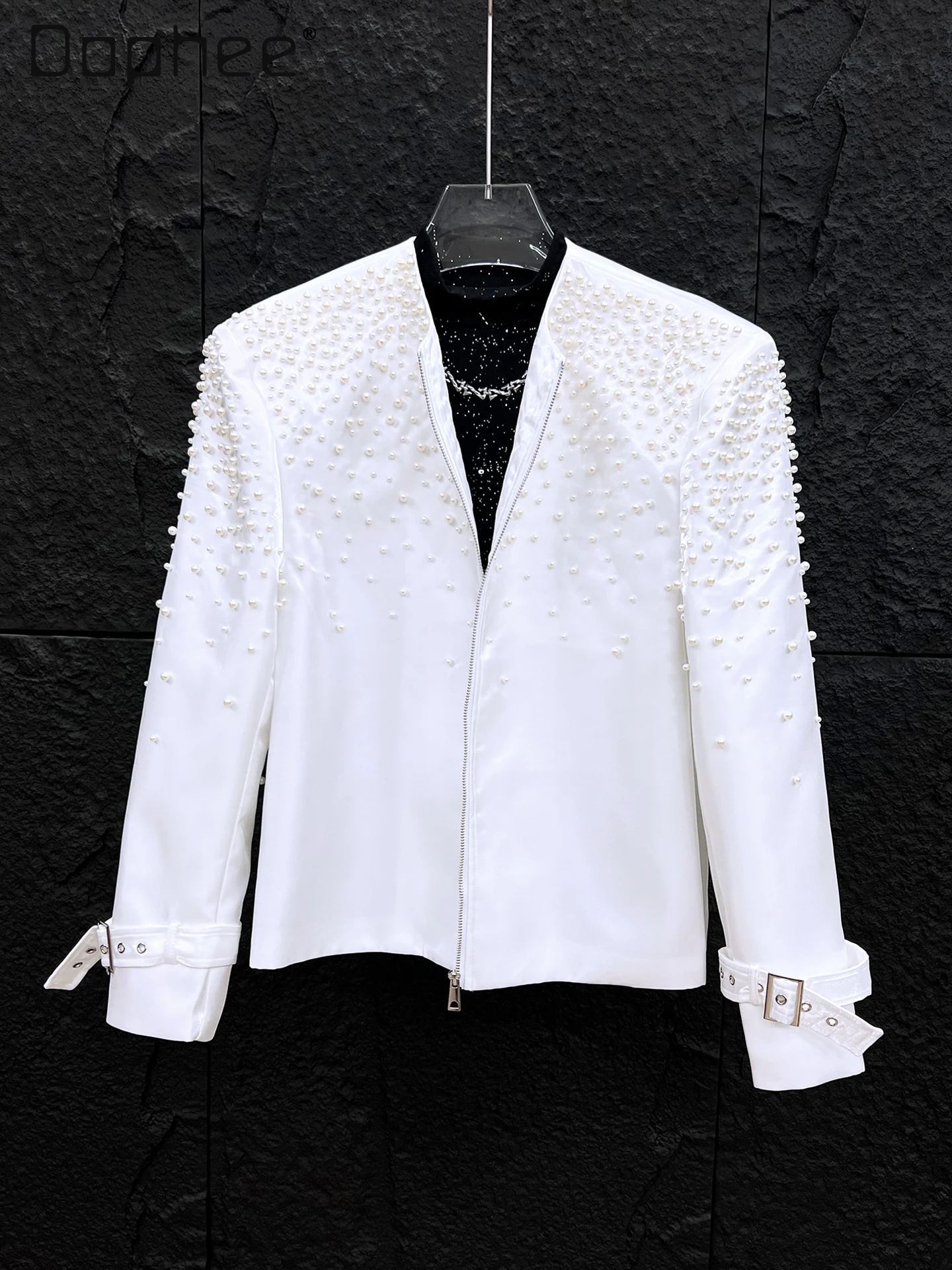 Pearl Patchwork Short Jackets for Men Handsome Trendy High-end Fashion Heavy Industry Beading Round Neck Loose Men Clothing