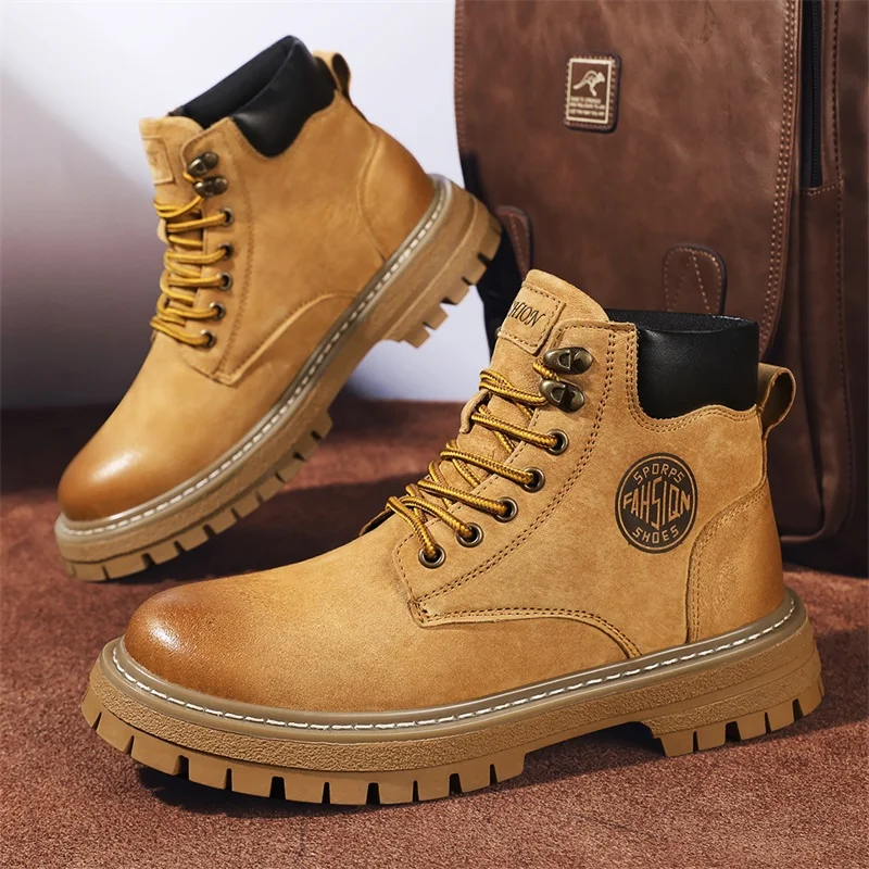 

2025 New Men's Big Yellow Boots Durable Anti - Skid Sole High - Top Chunky Sole Winter Fleece Lined British Work Boots Motorcycl