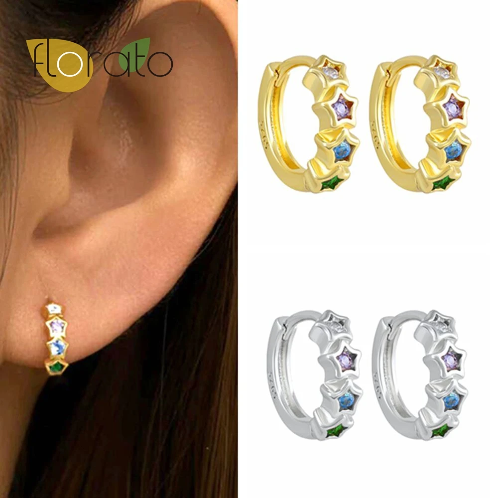 925 Sterling Silver Ear Needle Small Fresh Fashion Hoop Earrings Exquisite Colored Zircon Star High Grade Earring for Women Gift