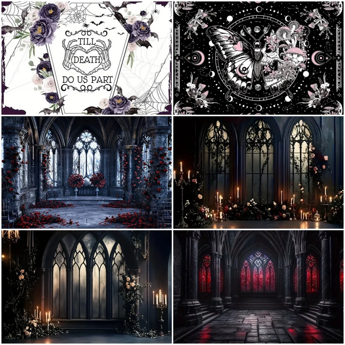 

Gothic Style Castle Medieval Backdrop Moon Bat Staircase Portrait Decoration Halloween Party Celebration Banner Photo Studio