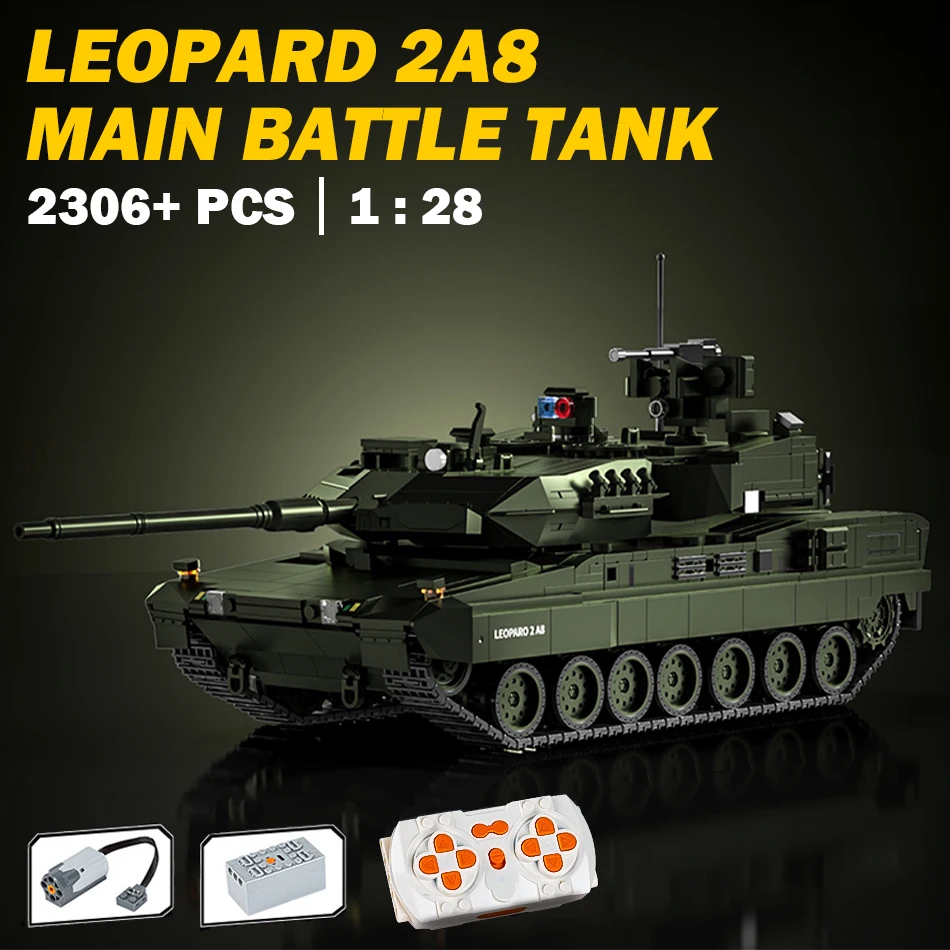 MOC German Leopard 2A8 Modern Tank Model Building Blocks with Motor Kit WW2 Military Main Battle Tank Bricks Toys for Kids Gifts