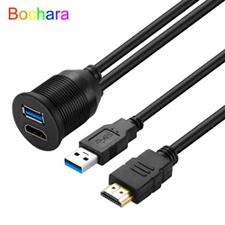 Bochara  USB 3.0USB 2.0+HDMI-Compatible Extension Cable Male to Female V2.0 4kx2K @60Hz Flush Mount Panel Dashboard For Car