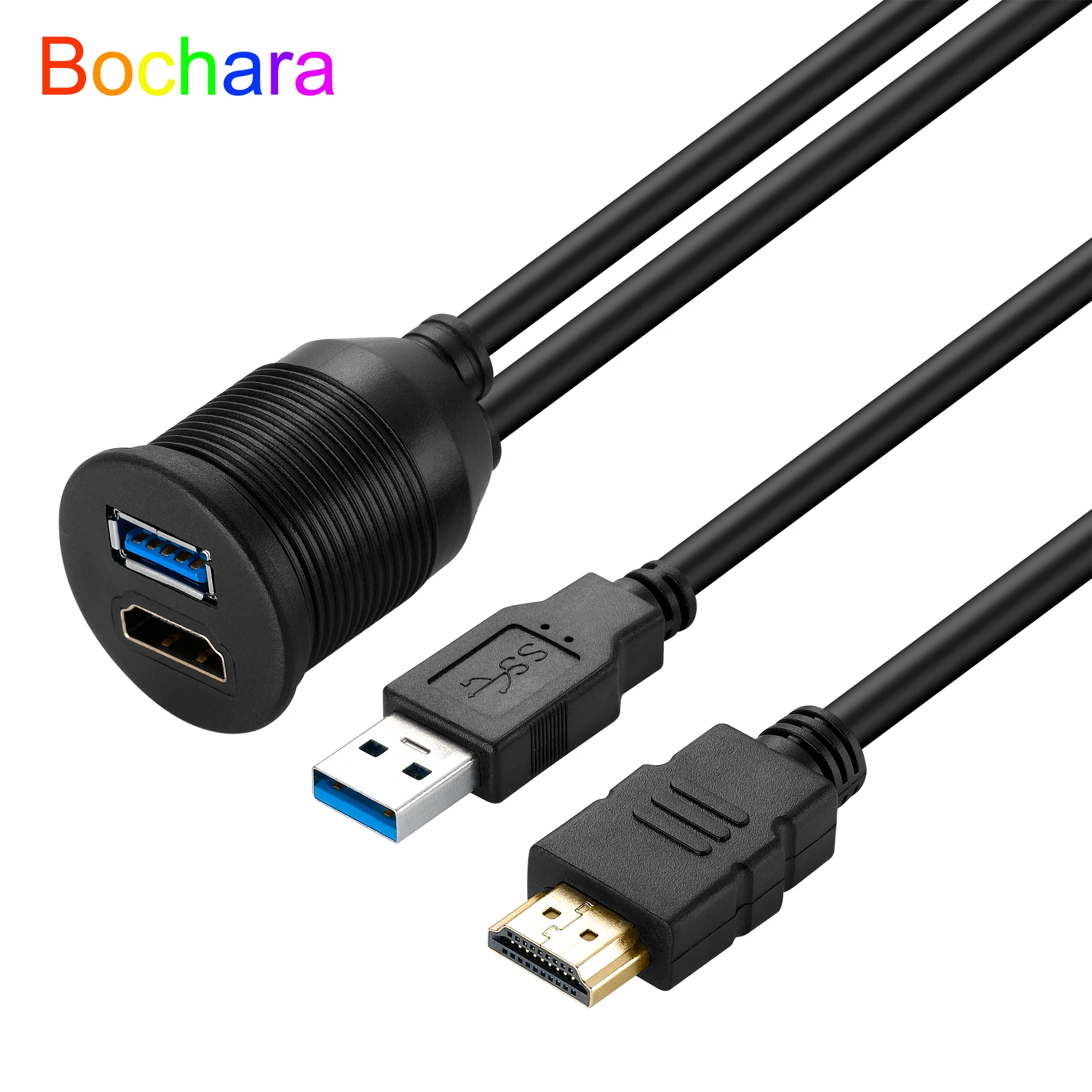 Bochara  USB 3.0USB 2.0+HDMI-Compatible Extension Cable Male to Female V2.0 4kx2K @60Hz Flush Mount Panel Dashboard For Car