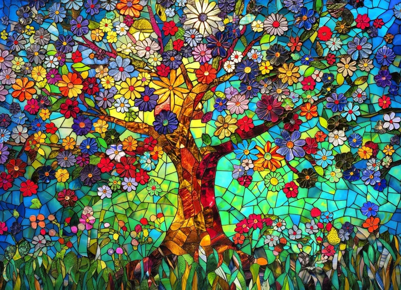 Tree Of Life Stained Glass Floral Art 500/1000/1200/2000PCS Jigsaw Puzzle Family Interactive Game Stress Relief Creative Present