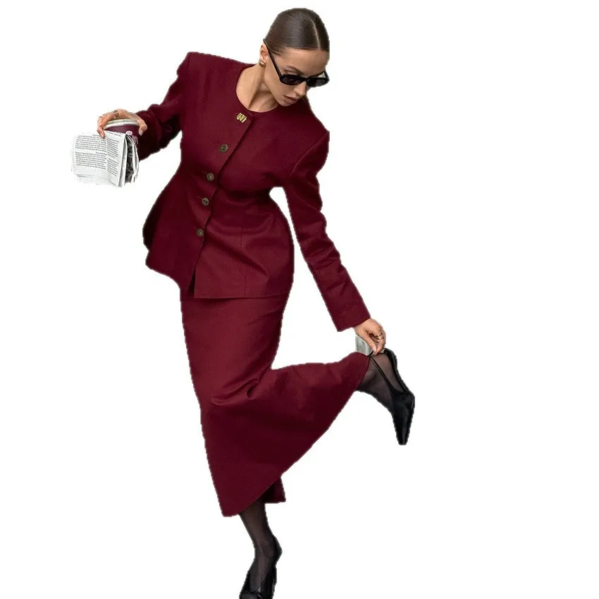 2025年新デザインセンス ウエストシェイプ ラウンドネック 長袖 スーツジャケット ツーピースセット ファッション 多用途 レディース ワインレッド