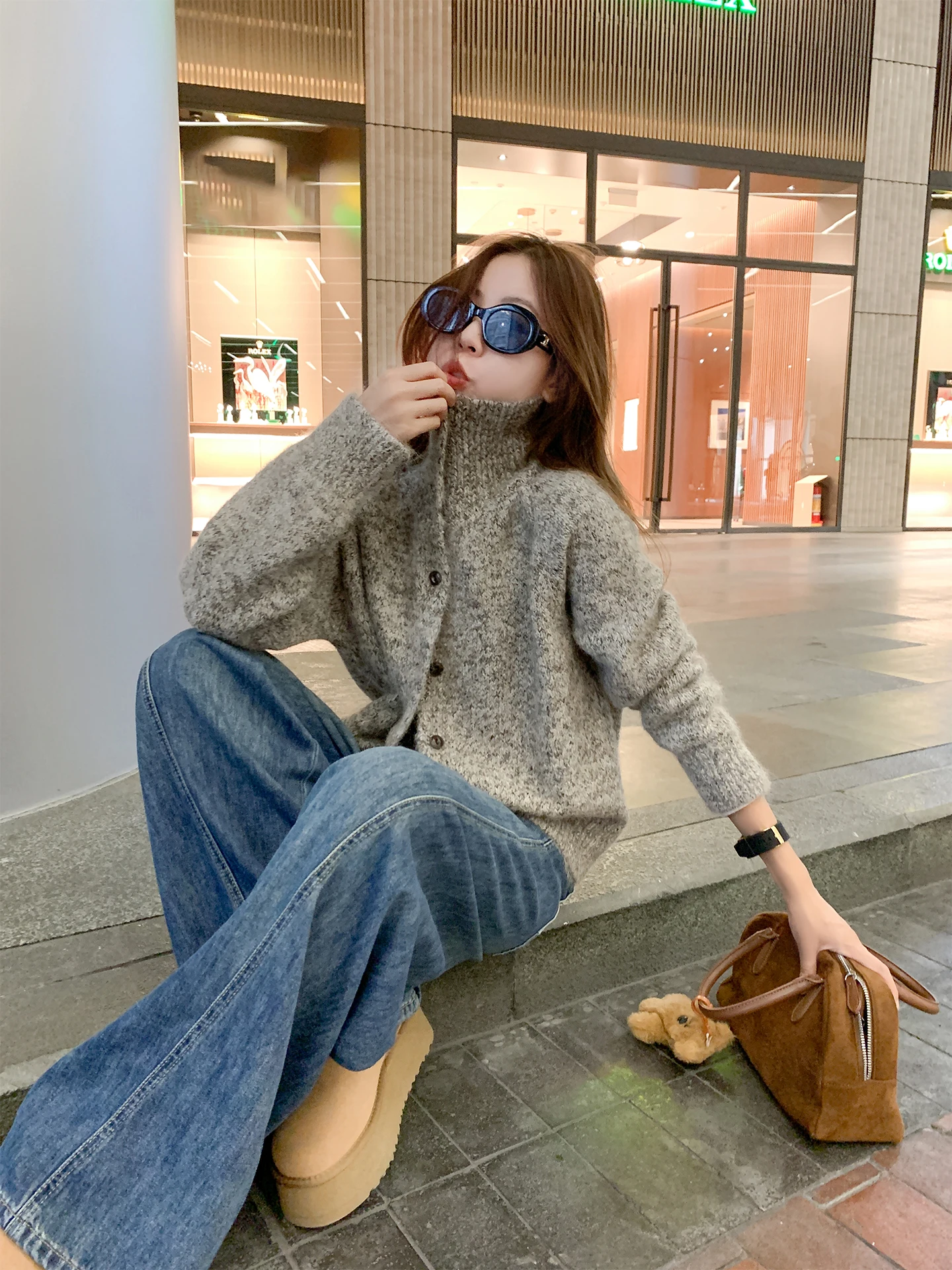 

Zeng Xiao Salt Korean Sle ey Stand Collar Knitted Sweater Coat Women's Autumn Winter Lazy Turn Collar Open Cardigan Top