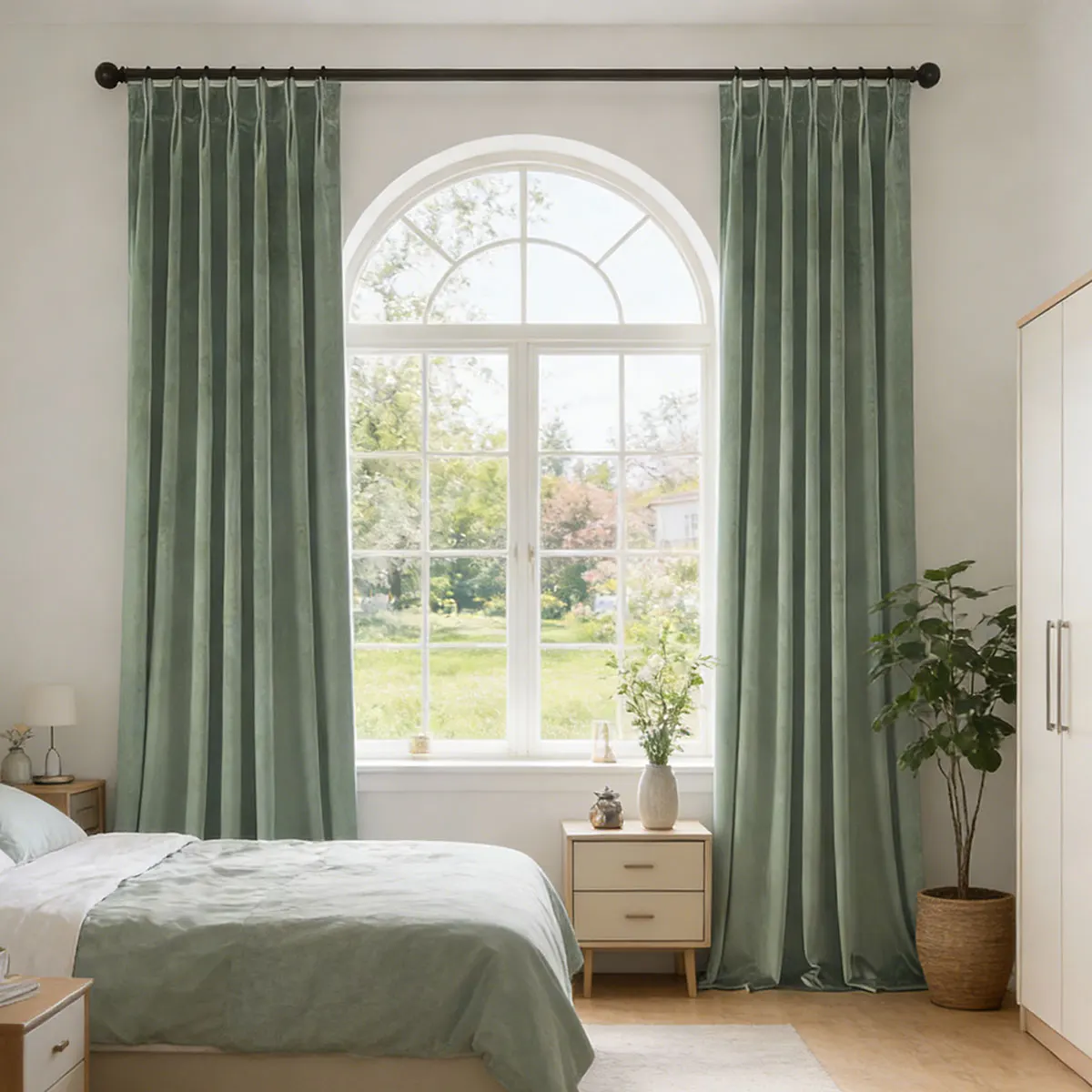 Sage Bean Green Velvet Pinch Pleat Curtains, Soft Heavy Velvet Drapes for Living Room Cottage Decor