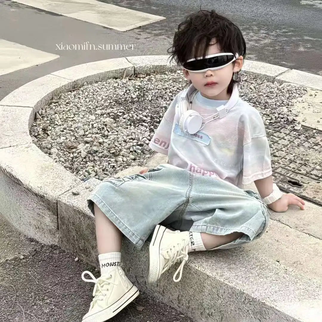 

Summer Children's Clothing Set Fashionable Korean Version Boys' Letter Tie Dye T-shirt And Denim Shorts 2-piece Set