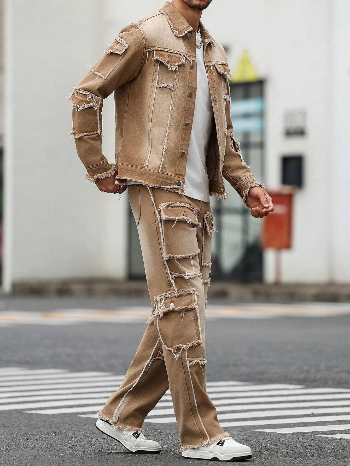 Men's Distressed Patchwork Denim Set - Khaki Washed Frayed Jacket & Wide Leg Jeans Streetwear