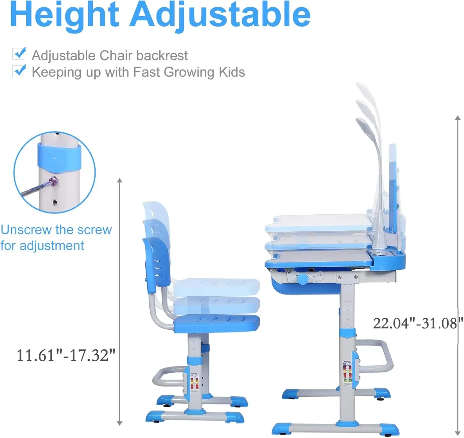 Kids Desk and Chair Set, Height Adjustable Child's School Study Writing Tables with Tilt Desktop, LED Light, Storage Drawer, Boo