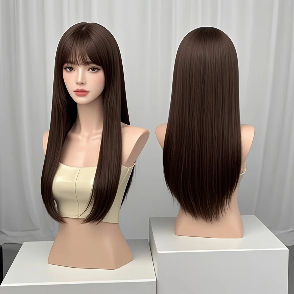 Ladies Long Straight Hair Dark Brown Synthetic Wig with Bangs - Suitable for Party, Cosplay and Daily Use