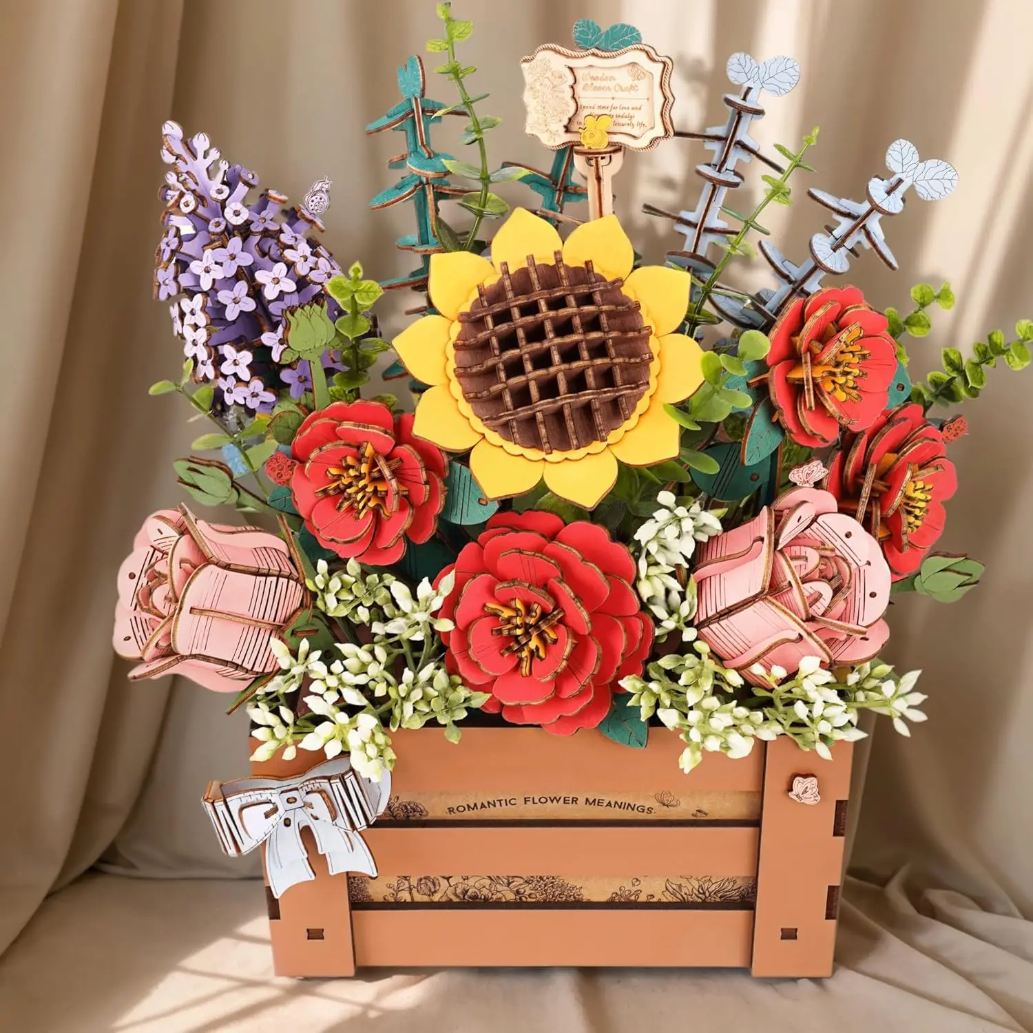 

3D Wooden Bloom Box Puzzle, Adults' Flower Bouquet Building Set, Artificial Flowers Home Decor, Gift for Wedding/Mother's Day/Bi