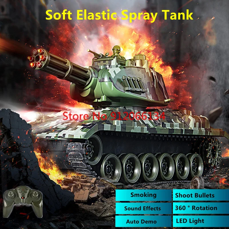 

Soft Elastic Spray Remote Control Tank With Bullet Launch Simulate Smoking Sound Lighting Effect Turret Rotation RC Tank Car Toy