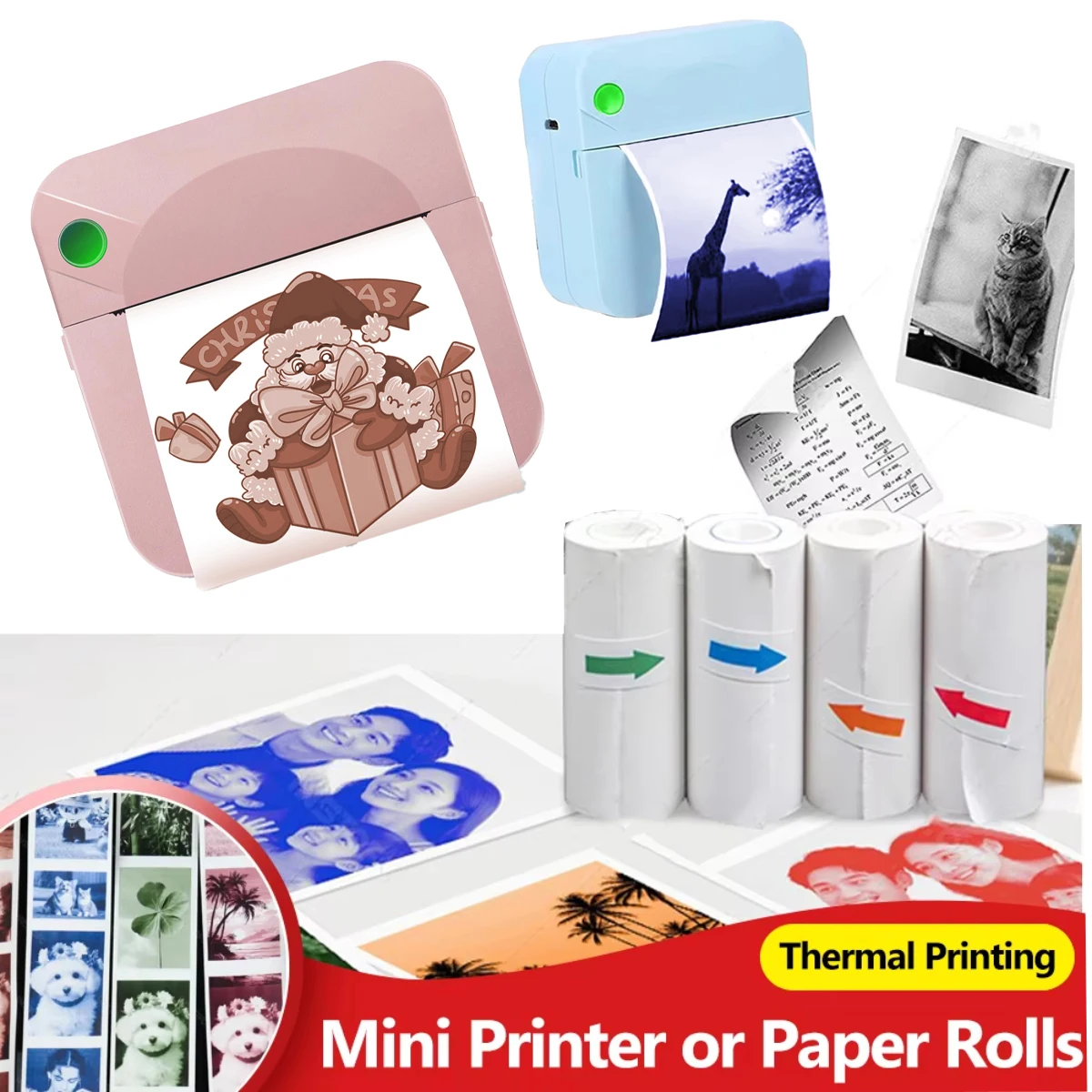 

Wireless Mini Portable Thermal Printer with Color Rolls of Paper - Print Pictures, Photos, Labels, Text, To-Do Lists57*25mm