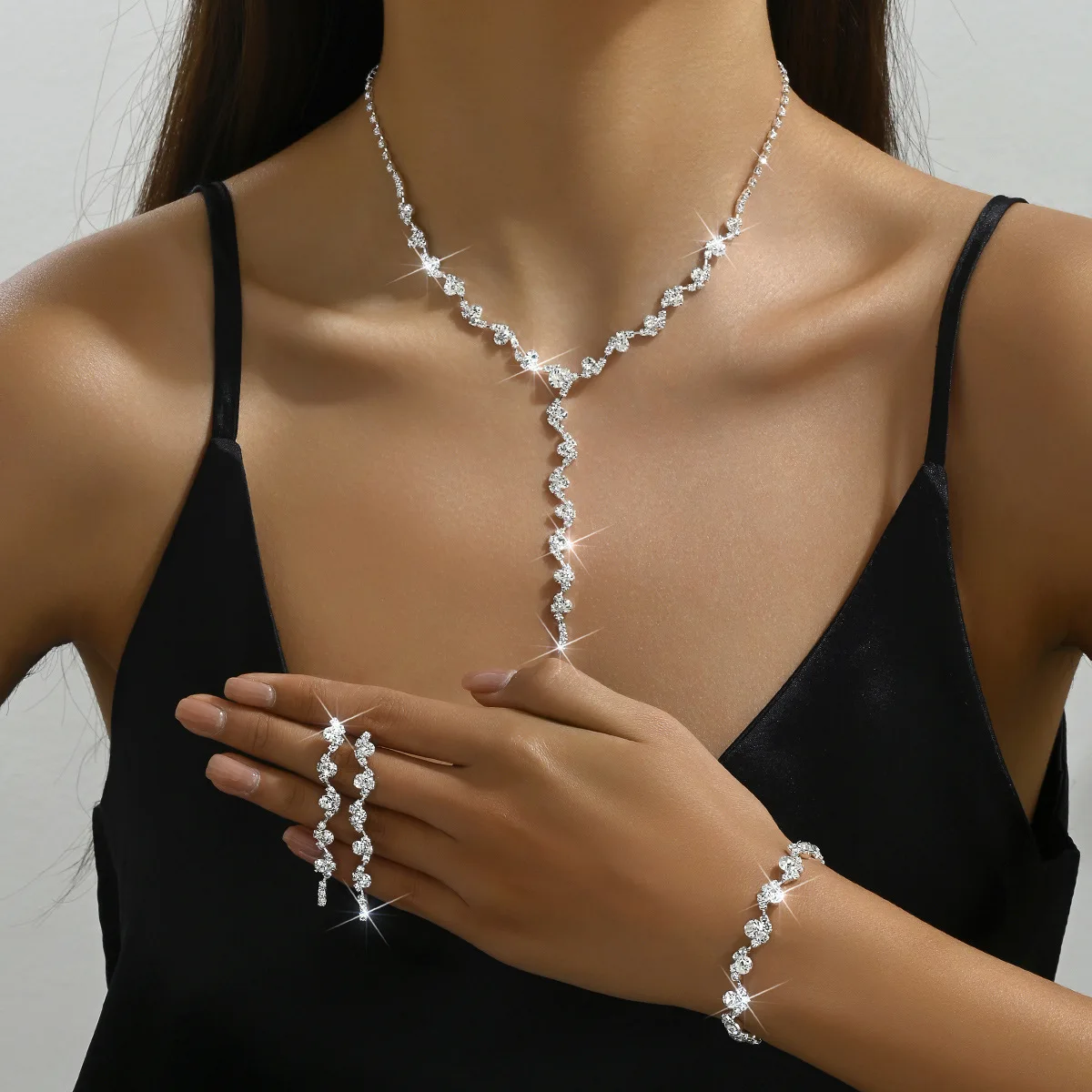 TREAZY Shiny Rhinestones Crystal Bridal Jewelry for Women Long Drop Necklace Earrings Sets Fashion Wedding Jewelry Sets Gift
