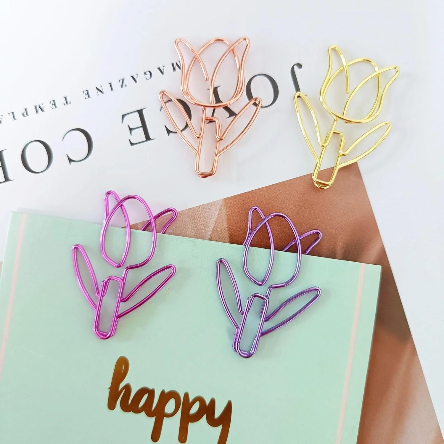 12Pcs/Box Tulip Shaped Paper Clip Colored Paper Clip Office Stationery Metal Bookmark Holder Stationery Paper Clips