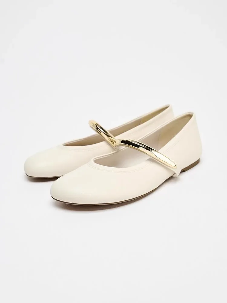 

Spring Summer New White Slip-On Ballet Flat oes Metal Decorated round Toe Flat Heel Mary Janes Faionable Women's Footwear