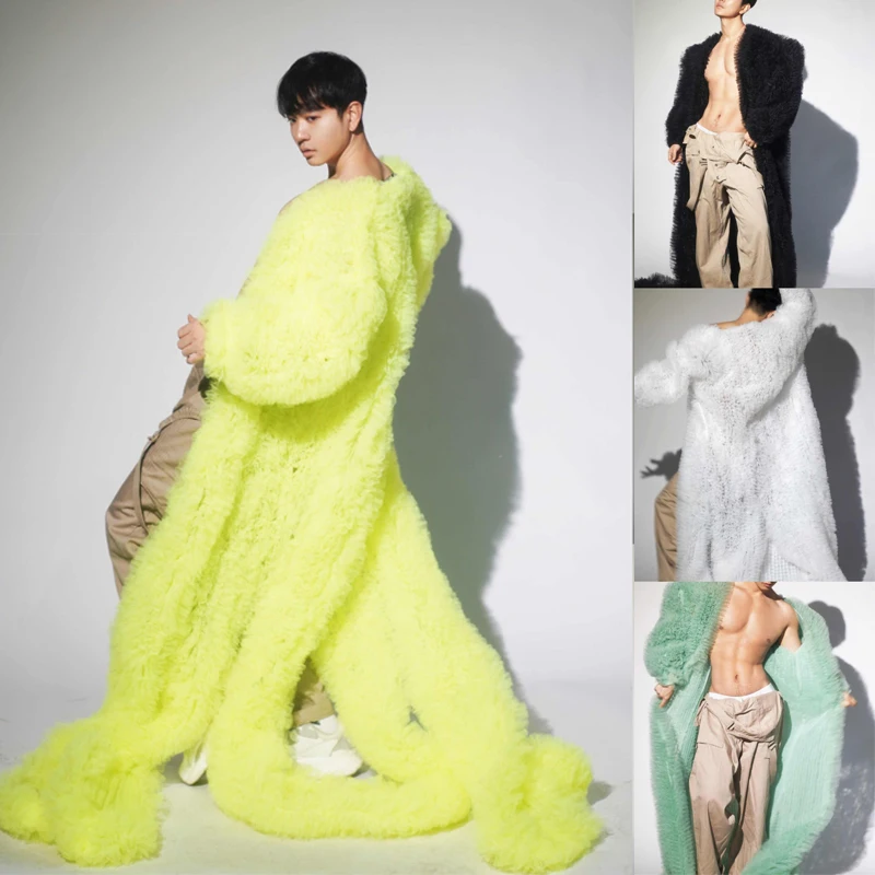 Men'S Gogo Dancer Costume Burning Man Drag Queen Outfit Sexy Pole Dance Clothing Women Fur Long Coat Dj Ds Bar Rave Wear XS9035